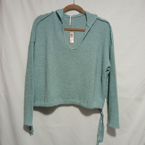 Hello Nite Tops - Hello Nite Seafoam Hoodie Waffle Knit Drawstring V-Neck‎ Pullover Top Size L